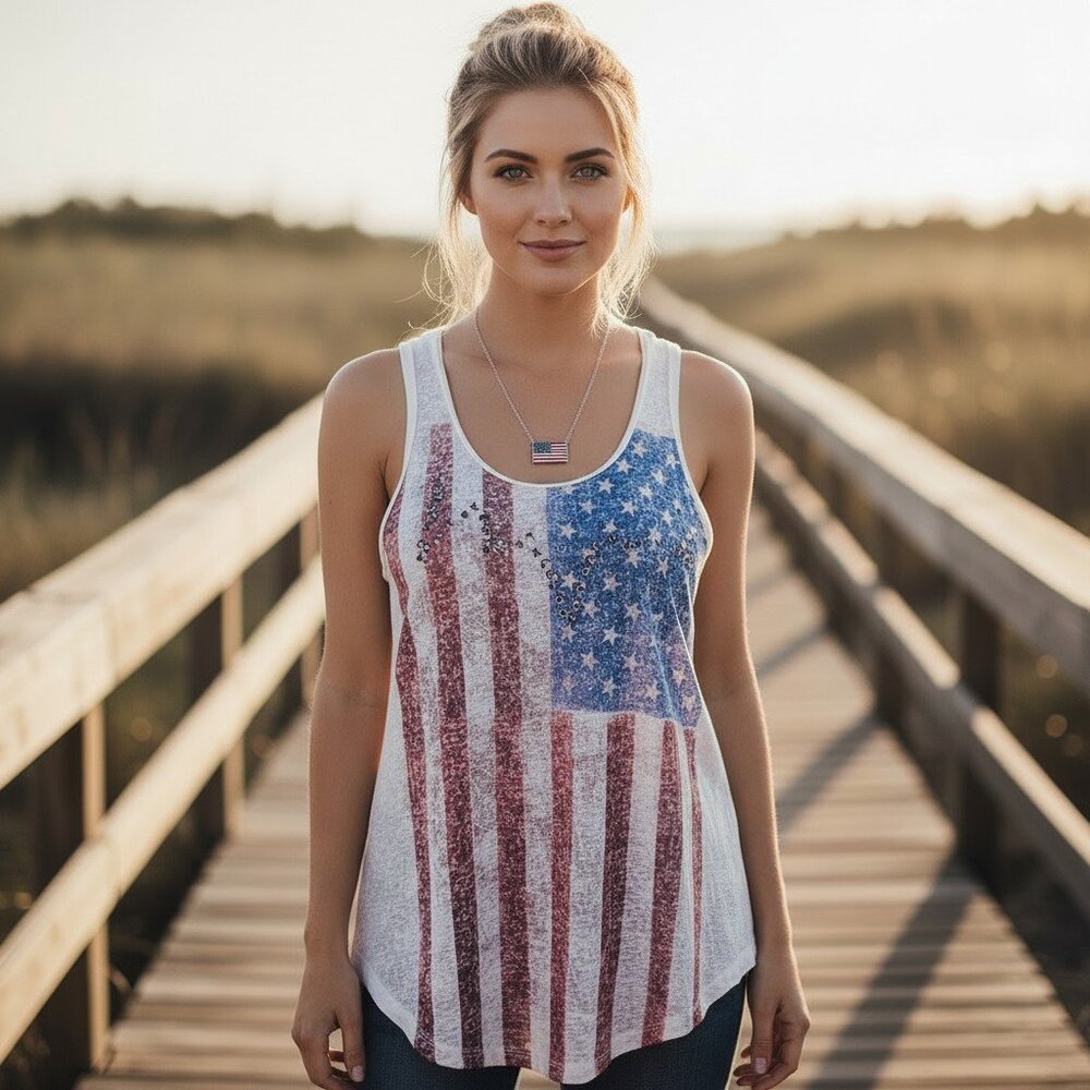 ROCK & REPUBLIC USA Flag Studded Tank Top Medium Distressed Patriotic July 4th - Picture 13 of 13